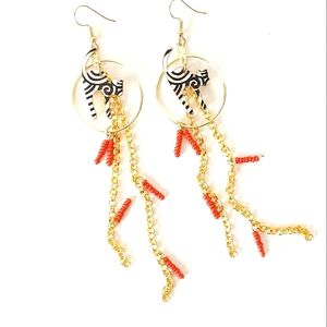 Retro 80's long chain beaded hoop earrings cat